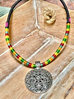 Boho Multicolor Thread Necklace with Silver Filigree Pendant